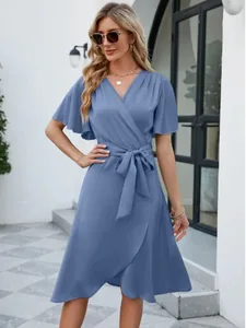 V Neck WrapV Neck Wrap Férias Mini Vestido para Mulher Roupas Manga Curta Gravata Cintura Assimétrica Hem Vestidos Casuais de Verão