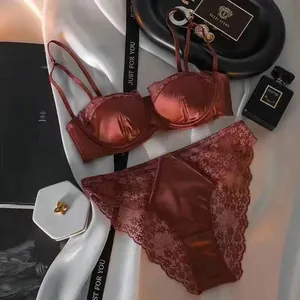 Europeu americano cetim meia xícara conjunto de sutiã underwired push up fino suave renda verde conforto senhoras lingerie 32-38 tendência quente s-xl