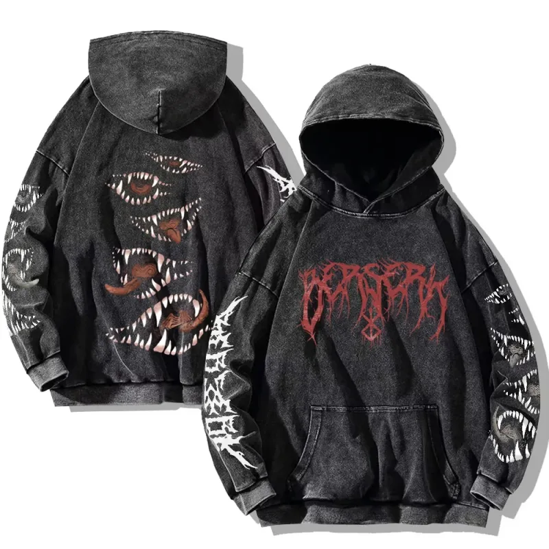 Gothic Vintage Gewassen Hoodies Tanden Grappig Gedrukt Sweatshirts Harajuku Retro Lange Mouw Trui Mannen Vrouwen Y2k Oversized Hoodie