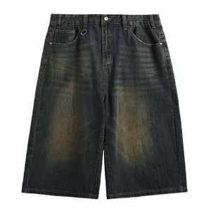 Pantaloni scurți din denim spălați vintage pentru bărbați, picior largi, largi, retro, ton nostalgic, îmbrăcăminte stradală de vară, blugi tăiați vintage