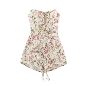 2026 sommer frauen Französisch Elegante Ärmellose Spitze-up Wrap Gehrock Dame Vintage Backless Floral Print Gestellte Mini Kleider