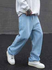 Pantalons texans amples Y2K de cotó per a homes nous, roba masculina de moda, cintura elàstica, pantalons de cama ample rentats, pantalons de mezclilla solts rectes i sòlids