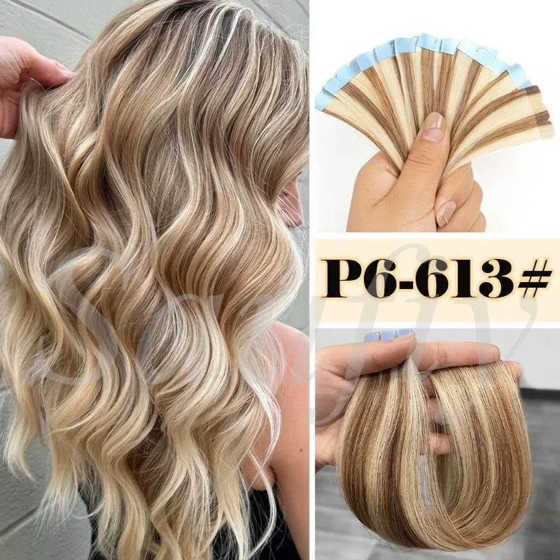 12-20 Zoll Balayge Blonde Mini-Tape-in-Echthaarverlängerungen, doppelseitig, unsichtbar, nahtlos, Tape-Ins-Haar, 10 Stück/Packung, natürlich, gerade, schwarz-blond, Balayge-braun, Mini-Tape-in-Haarverlängerungen