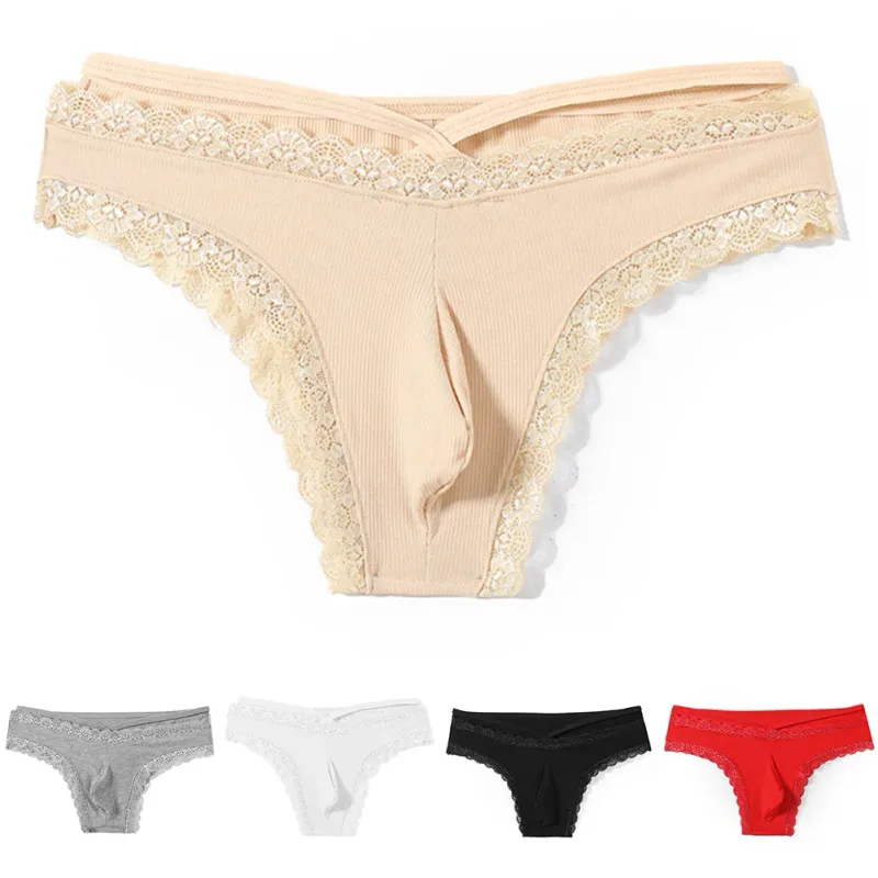 Herr Spetskant Sissy Gay Seamless Trosor Underkläder Medel midja Bulge Pouch Underkläder Solid Herrunderkläder med spetskant