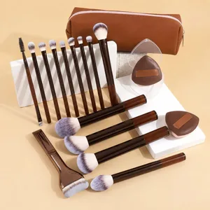 17st sminkborsteset med väska & 2st Puff Foundation Powder Blush Ögonskugga Ögonbryn Läppborstar Resor Skönhetsverktyg Present