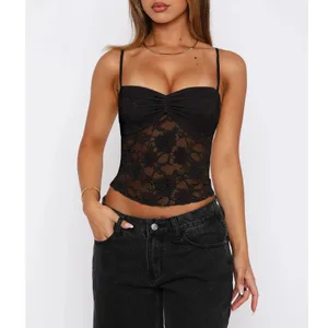 Baju Atasan Cami Renda Musim Panas Wanita Tanpa Lengan Ruched Depan Warna Pejal Kamisol Slim Fit Tank Top