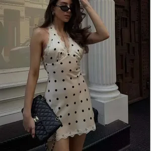 蕾絲拼接圓點吊帶連身裙女式優雅 A 字迷你性感露背連身裙夏袍 2025