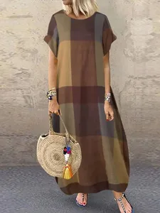Bohemisk pläd rutig solklänning sommar kortärmad långklänning Mode festfest Vestido Femme Casual lös dräkt 2025