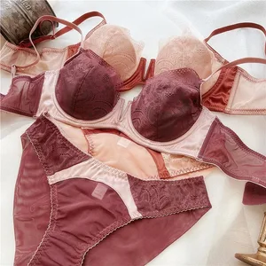 Roupa interior feminina de verão sexy renda profunda v push up sutiã conjunto confortável underwie bralette feminino plus size fino c d e cup lingerie