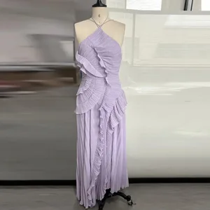 Thanh Lịch Dây Đeo Cổ Xù Dạ Hội Chắc Chắn Nếp Gấp Một Đường Phối Ren Hở Lưng Gợi Cảm Đầm Dự Tiệc Năm 2025 Mới Đảng Kỳ Nghỉ y2k Áo Dây