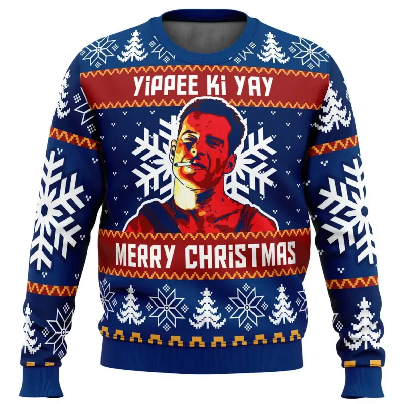 Yippee Ki Yay يموت الصلب طباعة الرجال القبيحة عيد الميلاد Crewneck البلوز لينة مريح أنيق استرخاء صالح حجم كبير الخريف الشتاء