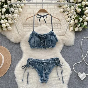 Retro damskie bikini kostiumy dżinsowe lato Halter Camis + Mini spodnie bielizna moda wakacje stroje kąpielowe seksowne zestawy biustonoszy i fig
