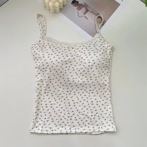 ฤดูร้อนพิมพ์ Crop Tops สำหรับผู้หญิง Bow Lace Camisole เซ็กซี่เสื้อกั๊กเปลือยพร้อมเบาะ Basic Tank Top Bm สไตล์ Camis y2k Streetwear