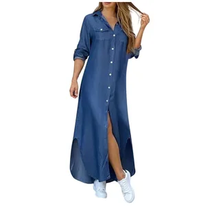 Nowa jesienna długa sukienka koszula z długim rękawem sukienka damska Denim długie sukienki koszula z kieszeniami na guziki sukienka z nadrukiem luźne sukienki na co dzień 2023