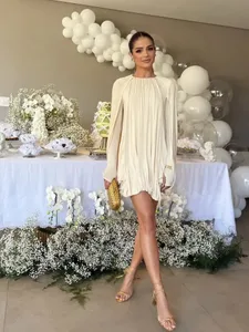 Elegant Pleated O Neck Mini dress Fashion Layer Cape Apricot Color Robes Hem Party Vestidos 2025 Summer Evening Gowns Dresses