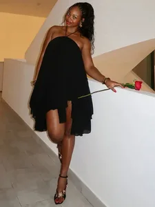 Nibber assimétrico bainha vestido feminino halter bandagem sem mangas sem costas sólido praia festa sexy 2026 verão nova tendência mini bodycon