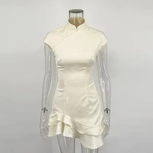 Trendix Nữ Thanh Lịch Satin Dạ Hội Thời Trang Cổ Đứng Cao Cấp Ôm Mini Đầm Dự Tiệc Nữ Tay Ngắn Gợi Cảm Xù đầm