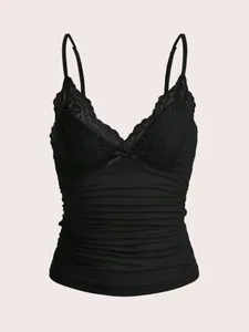 Seksi Kontras Lace Bow Depan Crop Cami Top Wanita Musim Panas 2024 Grunge Punk Y2K Pakaian Ruched Kurus Tee Backless