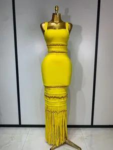 Vestido ceñido al cuerpo con borlas y cuello cuadrado sexi sin mangas para mujer, vestido elegante de celebridad para fiesta de noche, vestido de cumpleaños de alta calidad