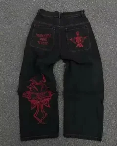 Jean noir à jambes larges pour hommes et femmes, Streetwear décontracté, poche arrière lourde, détails brodés, pantalon à la mode, coupe ample, Denim doux, Y2K