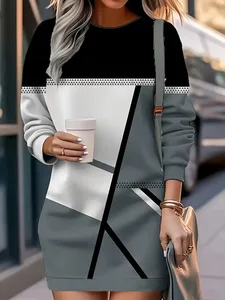 Abito da donna con scollo tondo a maniche lunghe con stampa motivo geometrico primaverile e autunnale