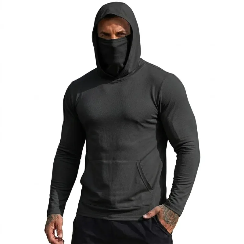 Solskydd t-shirt med huva för män Snabbtorkande långärmad tröja Lättviktig prestandatopp för vandring utomhus solkläder