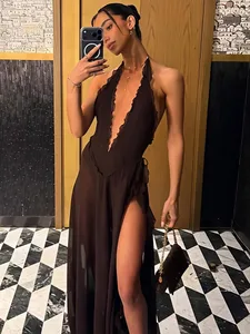 Mozision Halter Deep V λαιμόκοψη σέξι μάξι γυναικείο φόρεμα Κομψό αμάνικο ψηλό σχιστό κλαμπ φόρεμα για πάρτι