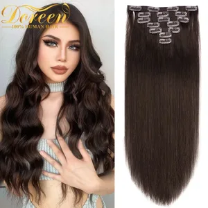 Doreen Klip Saç Klipleri 100% İnsan Saç Klipsli Saç Uzantıları Atkı Koyu Kahverengi 110G ila 200G üzerine Dikilmiş Gerçek Doğal Saç Klipleri