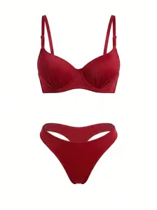 Set Bra Bebas Renda Merah Cangkir Cetaka