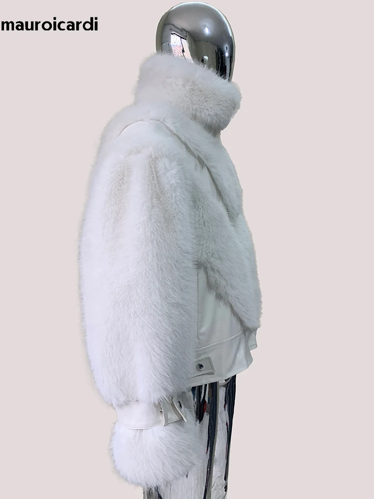Mauroicardi Autumn Winter Short Thick Warm White Pu Leather Patchwork Faux Fur Coat Men Stand Collar Zip Up Fluffy Jacket 2025