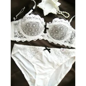 Set di biancheria intima estiva con reggiseno in pizzo bianco, ultra sottile e traspirante, in rete trasparente, sexy, con push up profondo, senza fili, per donna