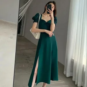 Solid Puff Kortärmad Elegant Slit Klänning Nytt Mode Dam V-ringad Hela Klänningar Dam Hög Midja Smal Kvällsfest Vestidos
