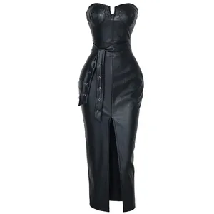 Robe moulante en cuir PU pour femmes, Sexy, sans bretelles, fendue, rivets, drapée, tenue de soirée en boîte de nuit
