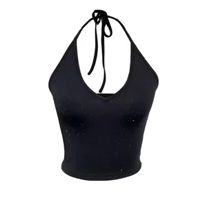 Débardeur femme Printemps Eté Noir Tricot Côtelé Paillettes Étoilées Licou Col V Sans Manches Recadrée Mince Décontracté Haut Quotidien