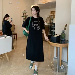 Váy mặc nhà cổ tròn tay ngắn in hình mèo hoạt hình mới mùa hè và mùa thu dành cho nữ