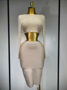 Women Sexy Long Sleeve Mesh Pearl Top Celebrity Midi Women Bandage Set 2025 Designer Evening Party Luxury Birthday Two Piece Set