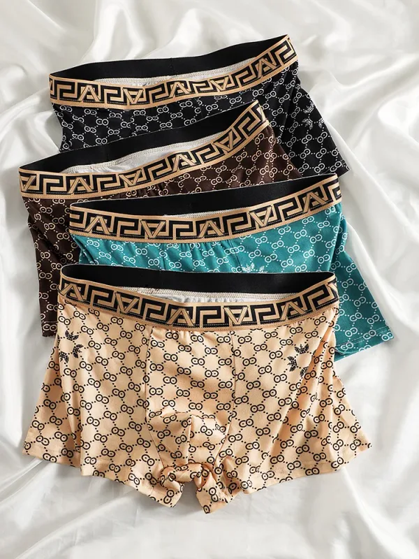 Set boxer pentru bărbați din 4 piese din poliester - lenjerie de corp de lux cu model geometric și monogramă, asortiment multicolor