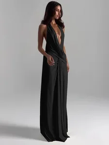 Cutenew 파티 간단한 여성 맥시 드레스 솔리드 트렌드 홀터 크로스 스윙 넥 백 레스 v 넥 하이 스플릿 Bodycon Mujer Vestidos