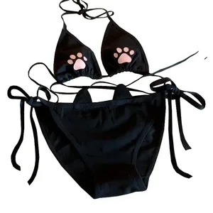 ญี่ปุ่นสไตล์ Lace Up ชุดชั้นในสตรีชุดผ้าฝ้าย Breathable Kawaii Cat Claw ชุดชั้นในน่ารักชุดคอสเพลย์การ์ตูนชุดชุดชั้นใน