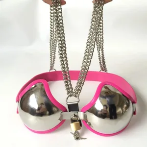 Reggiseno a fascia regolabile femminile in acciaio inossidabile Reggiseno a forma di seno con dispositivo di cintura di castità Bondage con serratura Ddsm Giocattolo del sesso 3 colori