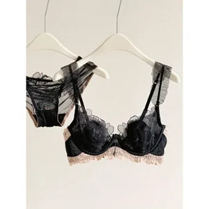 Damen-BH-Set aus französischer Spitze mit Blumenmuster, ultradünn, Kaninchenohr-Cup, weicher Bügel, sexy Dessous, große Büste, Minimizer, atmungsaktiver Alltags-BH