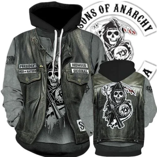Herr Street Style 3D Sons of Anarchy Print Tröjor Tröjor Höst/vinter Unisex Lös Casual träningsoverall utomhus Y2k Pullover