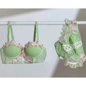 Conjunt de roba interior dolça d'estil japonès per a dones, Brasses de sostenidor sexy Pure Desire, Brasses de copa fina sense fils Push Up Summer 32-38AB