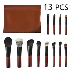 13 PCS Berus Mekap Walnut Set Saiz Perjalanan Profesional Berus Mekap Mini Tanpa Shed Tan Dengan Sarung