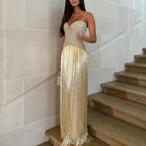 Robe longue à bretelles, Sexy, épaules dénudées, sans manches, élégante, taille haute, Slim, pompon, mode drapée, couleur unie