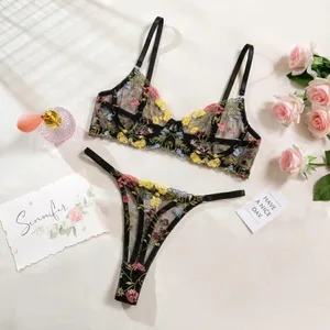 2-delt Bohemia Blomster Lingeri Sæt Broderi Alsidigt Undertøj Intimates Bøjle Push-up Sheer BH Trussesæt Til Lady Girl