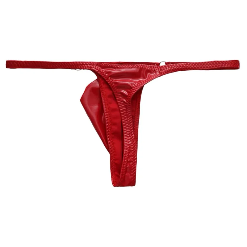 1 PC ผู้ชายหนังเงาเอวโลหะแหวน G-Strings Thongs เกย์ Bulge POUCH ต่ำเอวยืดชุดชั้นในก้น-เปิดเผยเซ็กซี่