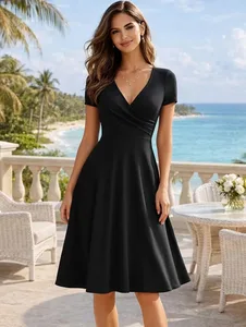 Dam Elegant rundhalsad Sommar Kortärmad Solid A-Line Knälång Klänning Hög midja Swagger Party Bröllop Fritidsavgång