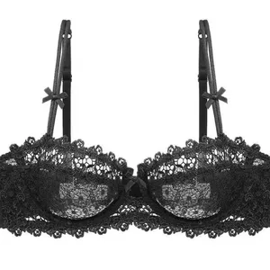 Conjunto de sutiã de renda europeu ultra-fino semi-transparente meia xícara puro desejo sutiãs para peito pequeno anti-flacidez roupa interior confortável