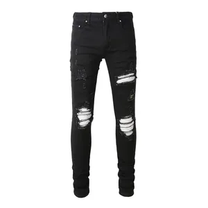 Mga Lalaking Bitak na Silver Leather Patch Biker Jeans Streetwear Skinny Tapered Stretch Denim Pantalon Butas Napunit Patchwork Black Pantalon
